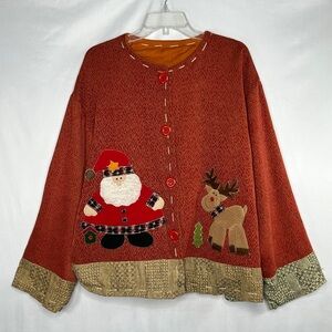 Vintage Christmas Appliquéd Santa &‎ Reindeer Jacket Pockets Ugly Festive Sz O/S